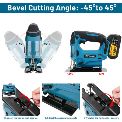 GISAM 26mm Cordless Electric Jigsaw - Portable Multi-Function Wood Cutting Saw (Tool Only - Makita 18V Battery Compatible)