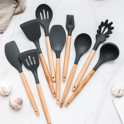 12-Piece Premium Silicone Kitchen Utensil Set - Non-Stick Cookware Tools with Wooden Handles