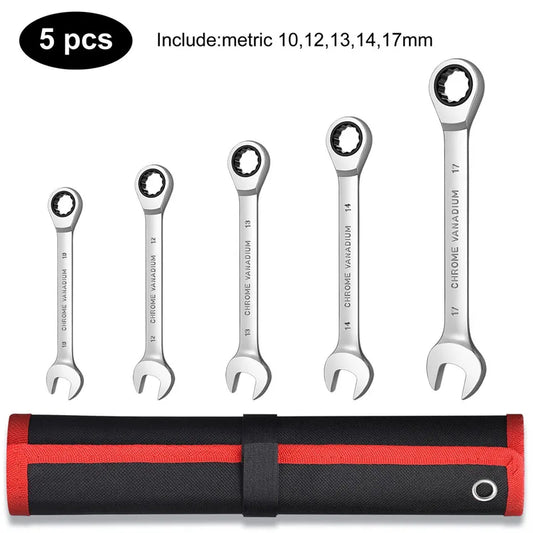 Professional Ratcheting Combination Wrench Set - CR-V Steel 12-Point Box End Metric Sizes (4 or 5-Piece Options)
