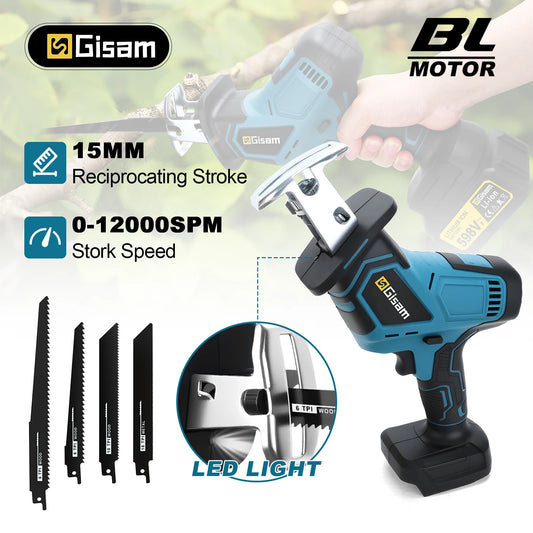 GISAM 12000SPM Brushless Reciprocating Saw - 3600W Cordless Electric Wood & Metal Cutting Tool (Tool Only - Makita 18V Battery Compatible)  
