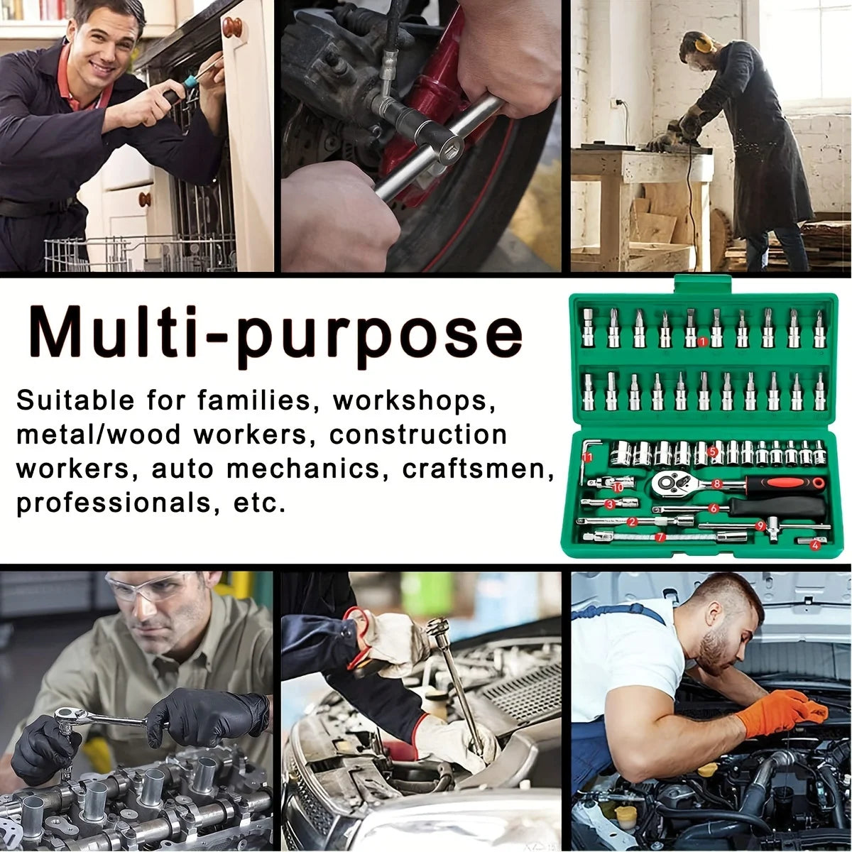 Professional 46-Piece Drive Socket Set - Complete 1/4" Ratchet & Wrench Kit with Metric Hex Bits
