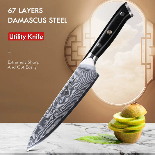 F.YOUNG 5-Inch Damascus Steel Utility Knife - 67-Layer Professional Kitchen Knife with G10 Handle for Fruit Peeling & Vegetable Prep