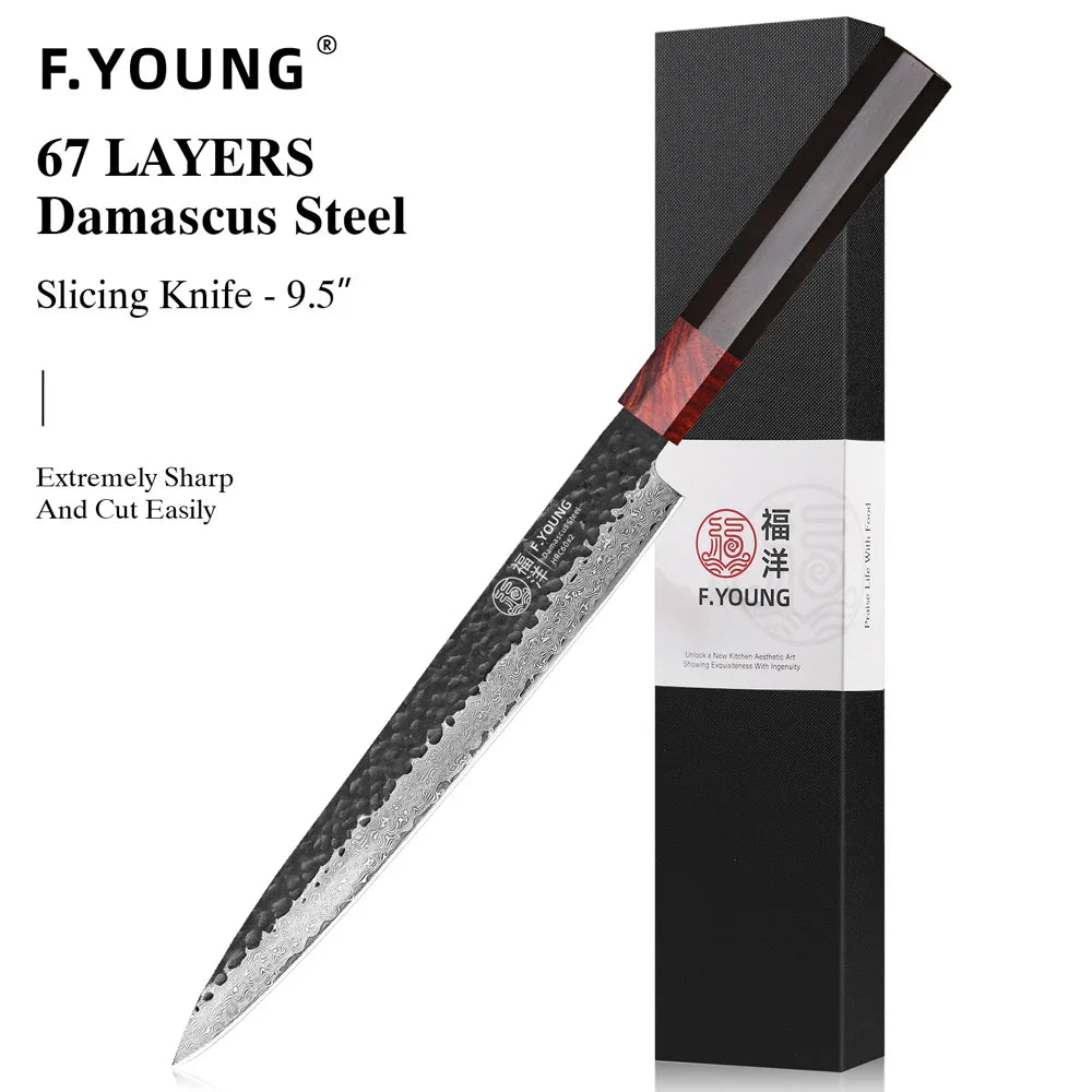 F.YOUNG Japanese Damascus Steel Chef Knife - Professional Hand-Forged Kitchen Knife for Meat Slicing, Sashimi & Precision Cutting