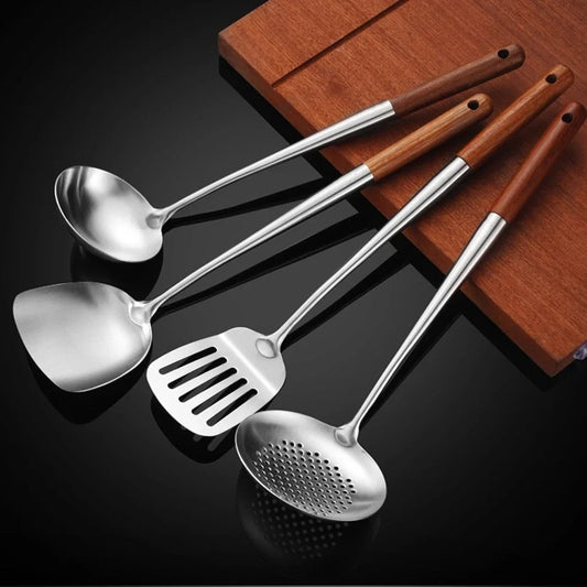 4-Piece Premium Stainless Steel Kitchen Utensil Set - Wooden Handle Spatula, Spoon & Ladle Collection for Home Cooking