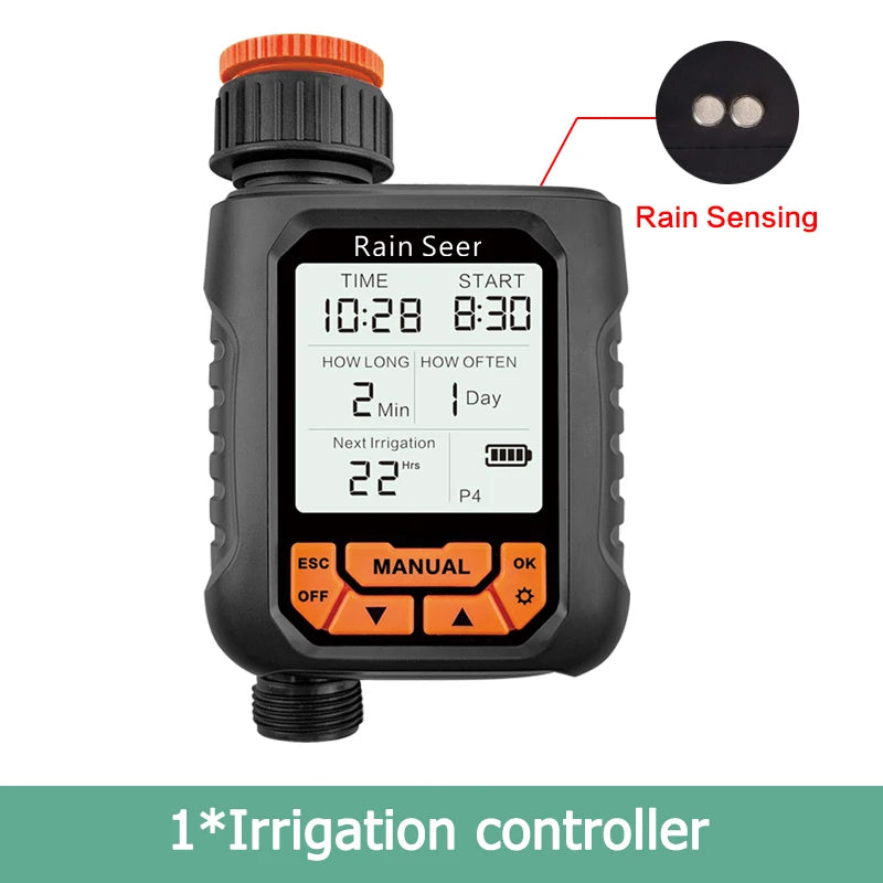 Rain Seer Smart Garden Irrigation Timer - Large LCD Display Waterproof Automatic Watering Controller with Rainfall Detection
