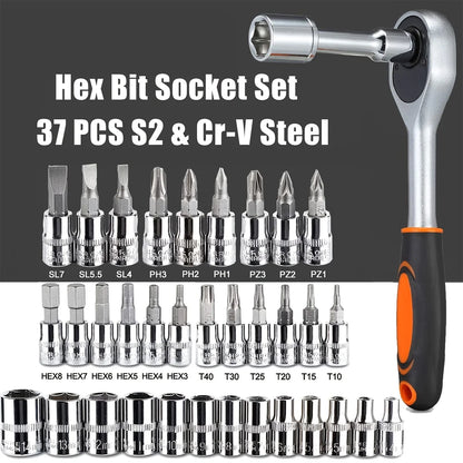 Professional 46-Piece Drive Socket Set - Complete 1/4" Ratchet & Wrench Kit with Metric Hex Bits