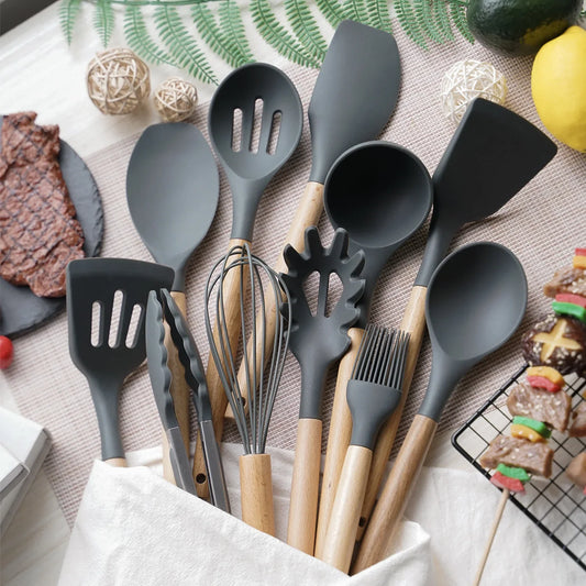 12-Piece Premium Silicone Kitchen Utensil Set - Non-Stick Cookware Tools with Wooden Handles
