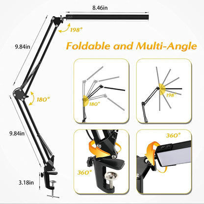 LED Folding Metal Desk Lamp Clip on Light Clamp Long Arm Diming Table Lamp 3 Colors Adjustable for Living Room Reading Computers