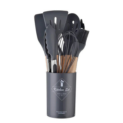 12-Piece Premium Silicone Kitchen Utensil Set - Non-Stick Cookware Tools with Wooden Handles