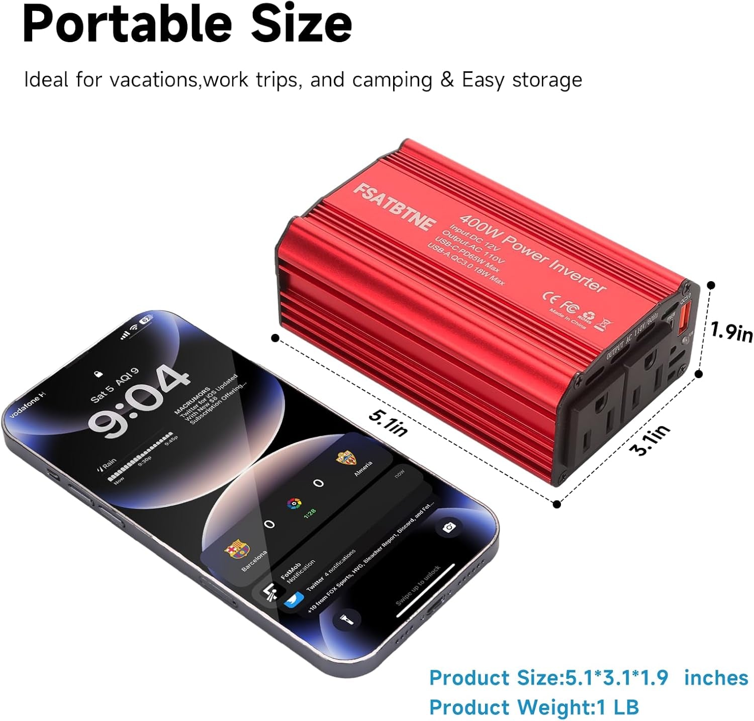 400W Power Inverter 12V DC to 110V AC Car Plug Adapter Outlet Converter with [65W PD USB-C] & [18W QC USB-A] Fast Charging Ports and 2 AC Outlets Car Power Inverters for Vehicles