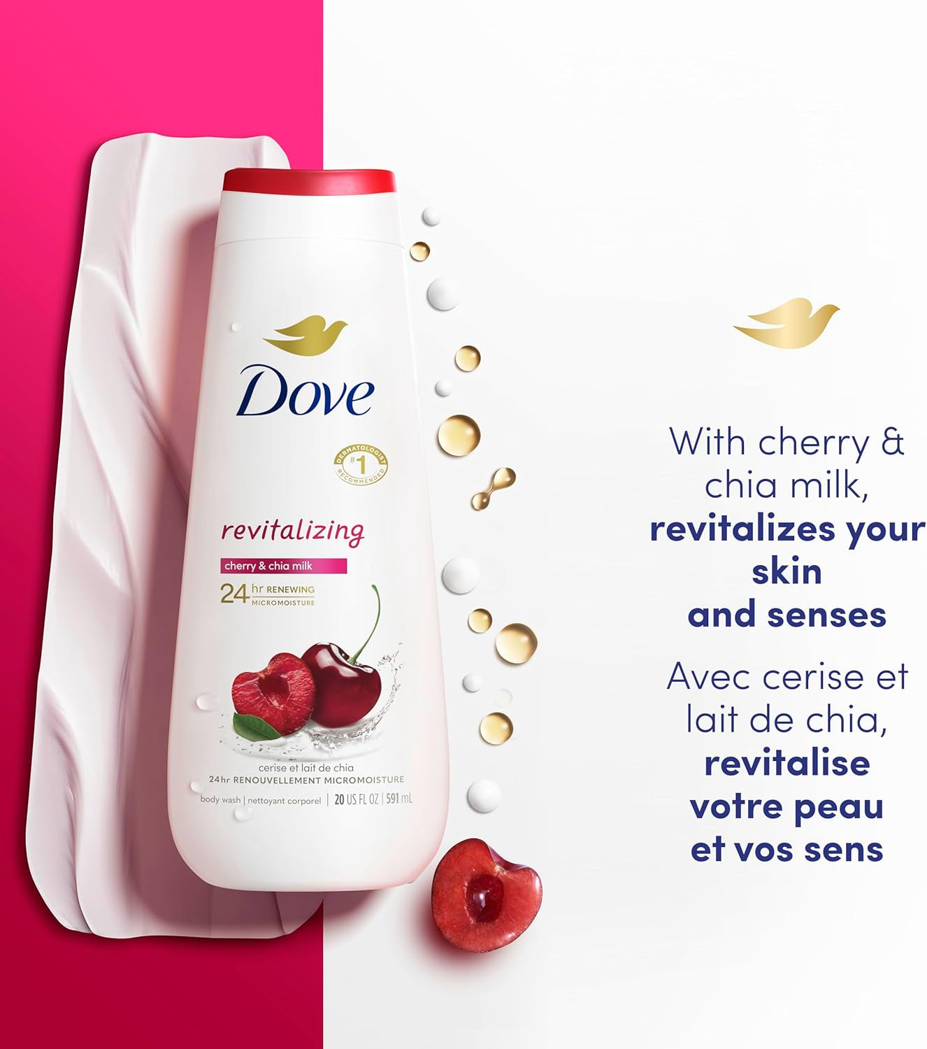 Body Wash for 24Hr Lotion-Soft Skin Revitalize Cherry and Chia Milk Moisturizing Skin Cleanser with No Sulfates No Parabens 591 Ml