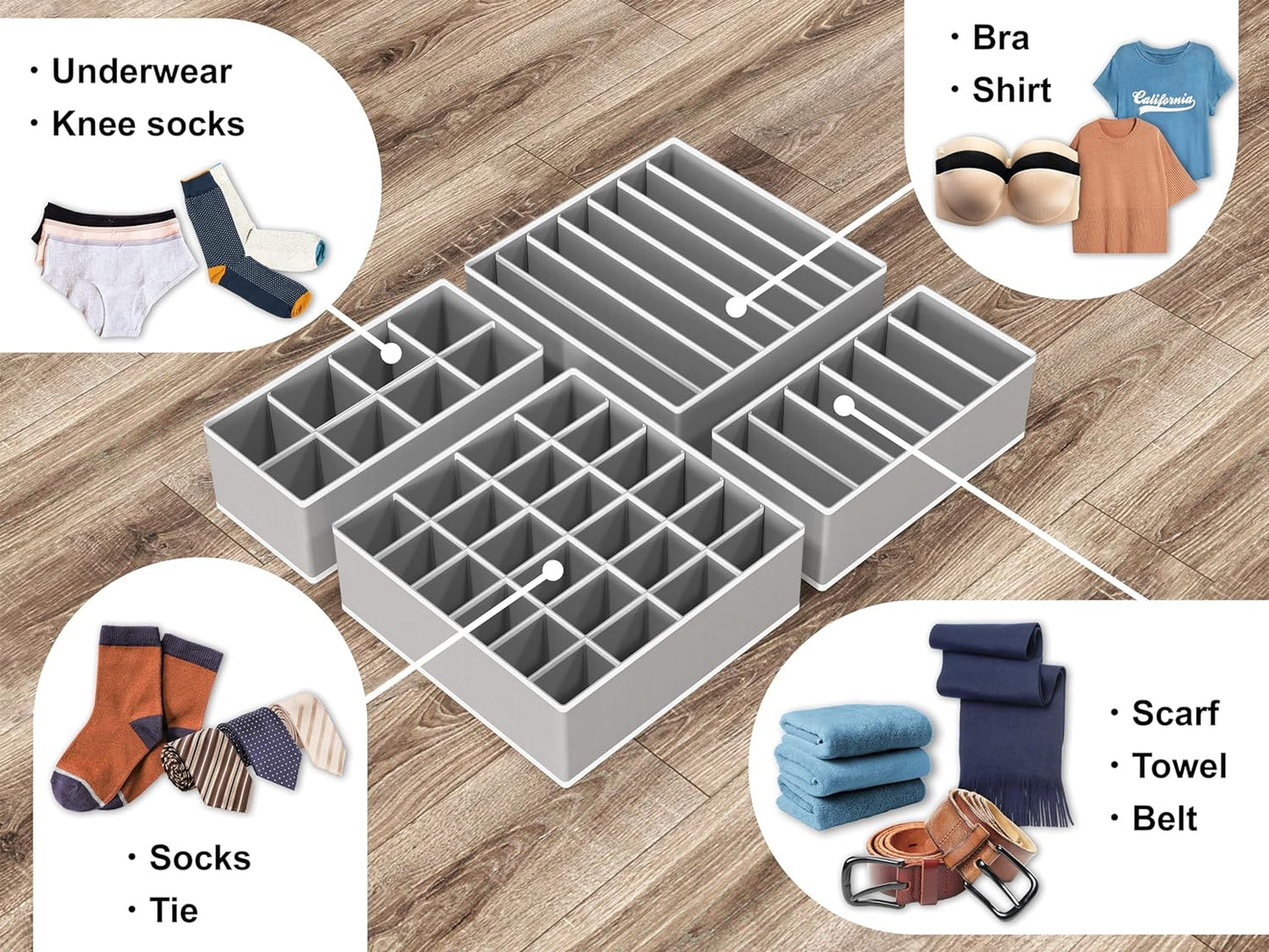 Simplehouseware Closet Underwear Organizer Drawer Divider Set of 4, Grey