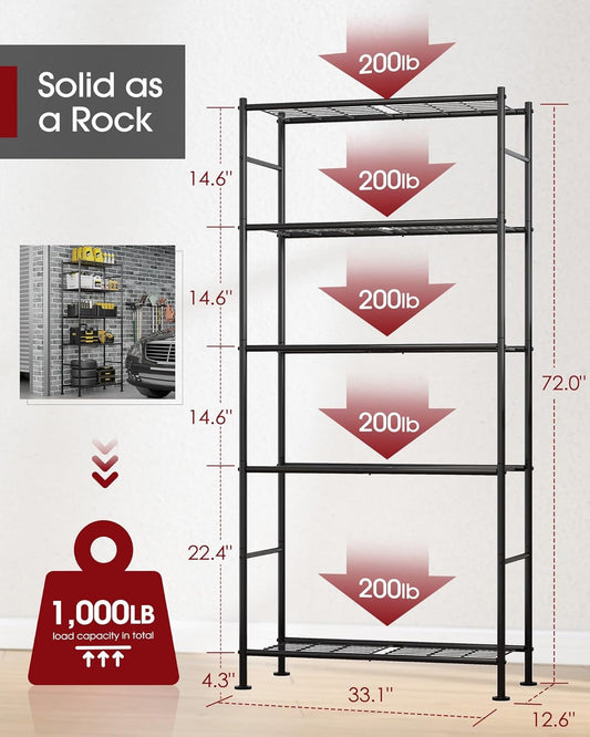 5 Tier Shelf - Heavy Duty Metal Storage Shelves with Adjustable Leveling Feet, Large Capacity Shelving Unit with Multiple Hooks for Kitchen, Pantry, Office (83 X 33 X 184 Cm, Black)