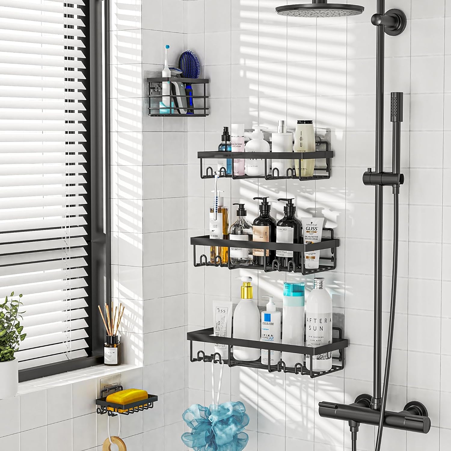 Shower Caddy Shelf Organizer Rack, Self Adhesive Black Bathroom Shelves Basket, Home Farmhouse Wall Shower inside Organization and Storage Decor Rv Accessories (Black, 5Pack)
