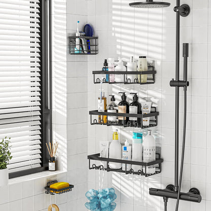 Shower Caddy Shelf Organizer Rack, Self Adhesive Black Bathroom Shelves Basket, Home Farmhouse Wall Shower inside Organization and Storage Decor Rv Accessories (Black, 5Pack)