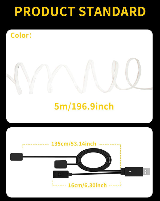 EL Wire Interior Car Led Strip Lights，5M 16FT 7 Colors Decorative Mood Lighting for Car Ambient Lighting Atmosphere,Usb Neon Glowing Trim Light