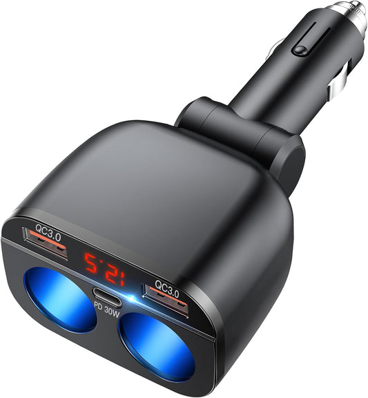 100°Adjustable Double Cigarette Lighter Adapter, 2-Socket Car Splitter 120W, 12V/24V Car Cigarette Lighter Splitte with LED Voltmeter & 2 USB Ports & Type C Port, Fast Car Charger Adapter 120W