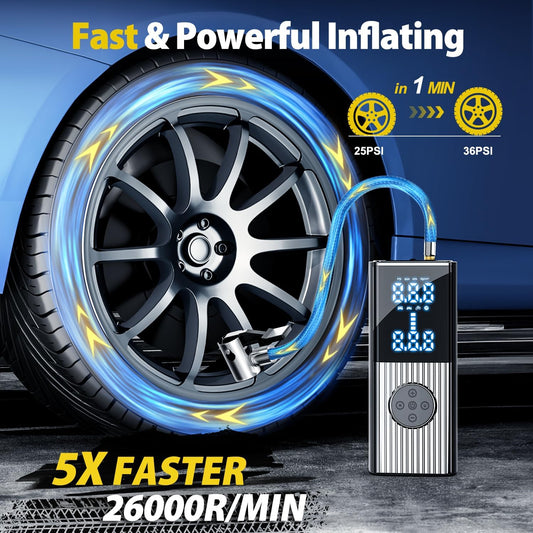Tire Inflator, 150PSI Portable Air Compressor, Faster + Powerful Cordless Air Pump for Car Tires Car Accessories with Digital Screen, Flashlight for Cars, Bike, Inflatables, Balloons