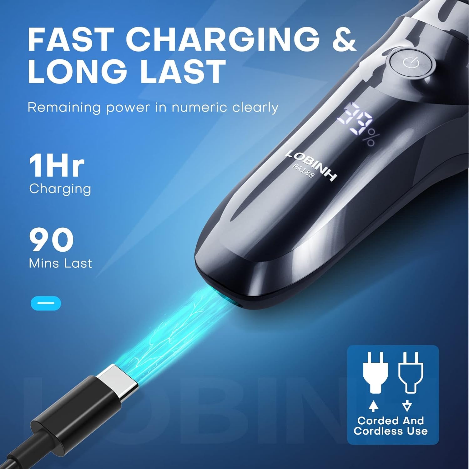Electric Shaver for Men, 100% Washable Rotary Shaver, Rechargeable Electric Razor Wet & Dry Shaving with Pop-Up Trimmer, 1 Hour Fast Charging, 4D Floating Head, LCD Power Indicator - PA188 (Rotary Shaver)