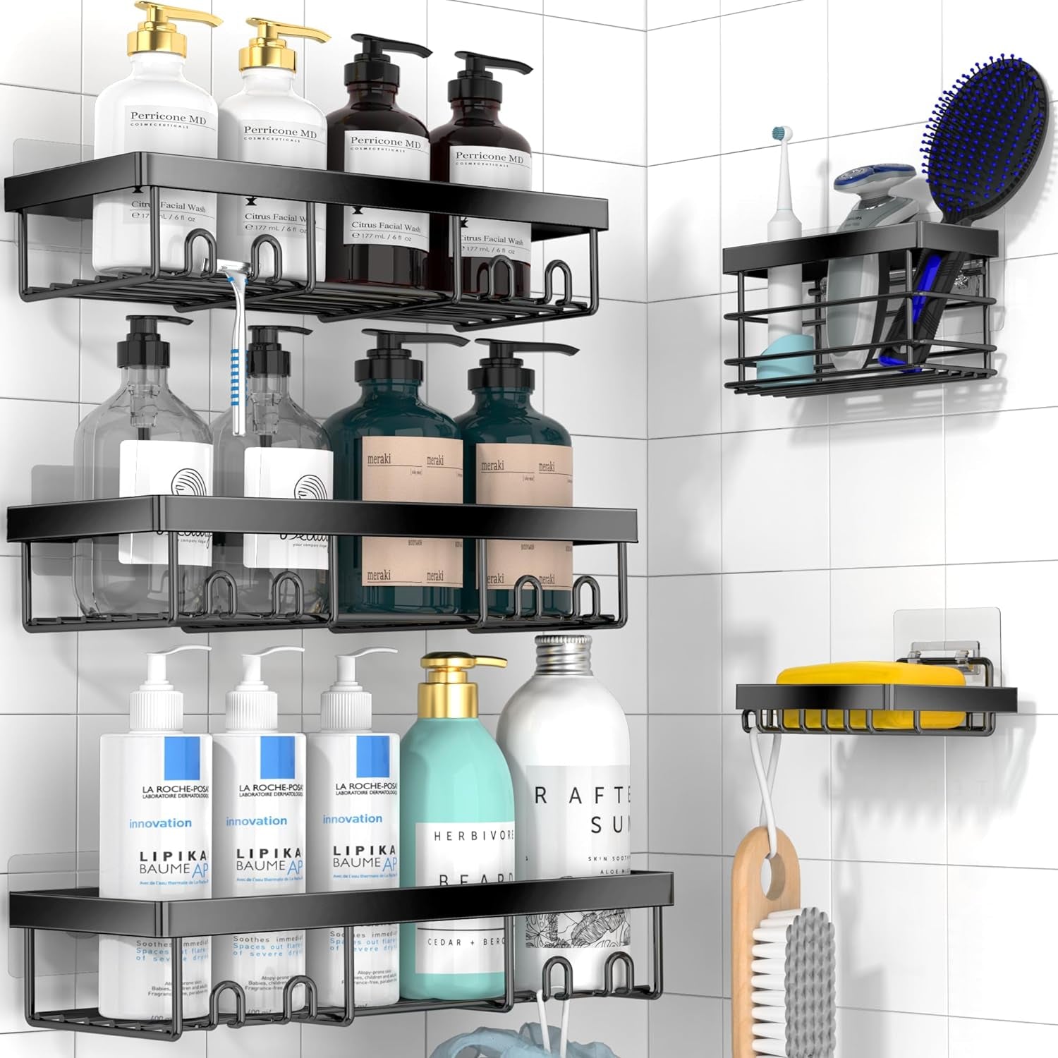 Shower Caddy Shelf Organizer Rack, Self Adhesive Black Bathroom Shelves Basket, Home Farmhouse Wall Shower inside Organization and Storage Decor Rv Accessories (Black, 5Pack)