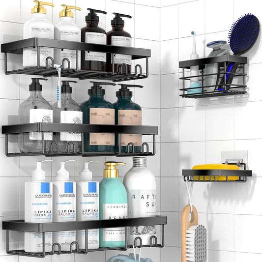Shower Caddy Shelf Organizer Rack, Self Adhesive Black Bathroom Shelves Basket, Home Farmhouse Wall Shower inside Organization and Storage Decor Rv Accessories (Black, 5Pack)