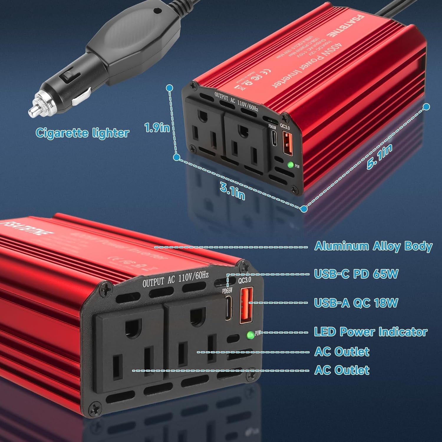 400W Power Inverter 12V DC to 110V AC Car Plug Adapter Outlet Converter with [65W PD USB-C] & [18W QC USB-A] Fast Charging Ports and 2 AC Outlets Car Power Inverters for Vehicles