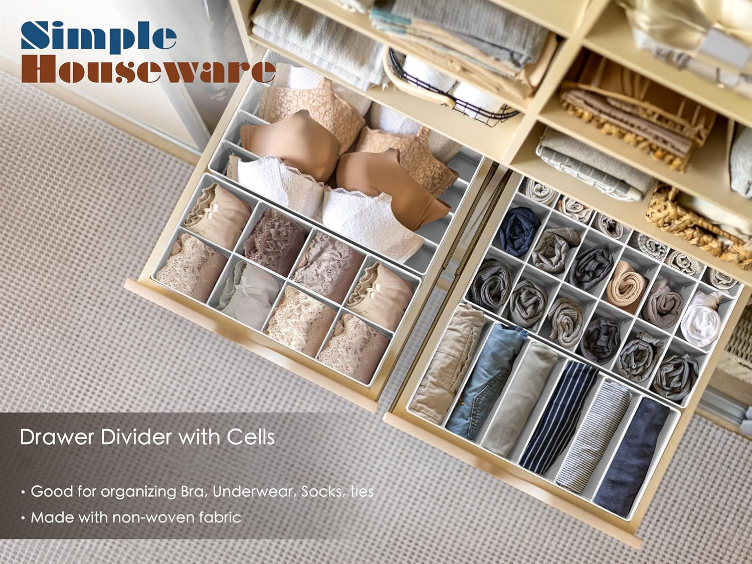Simplehouseware Closet Underwear Organizer Drawer Divider Set of 4, Grey