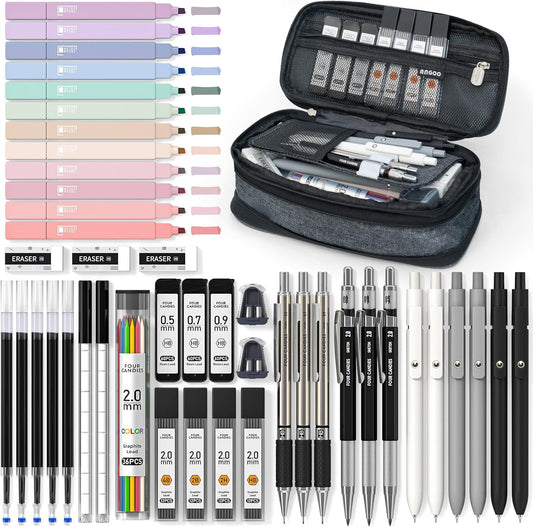 45 PCS School Supplies with Pen Case, 6 Gel Pens, 6 Art Mechanical Pencil Set, 12 Highlighters for College Essentials Office Stationery (Black)