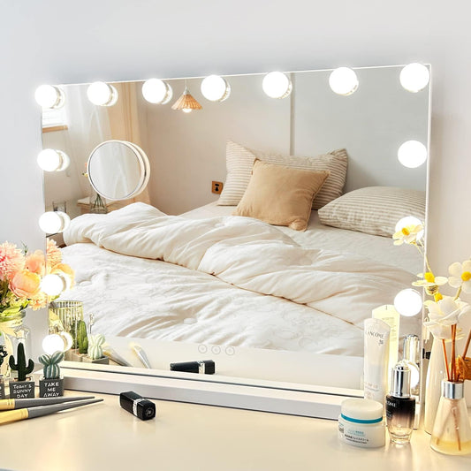 Vanity Mirror with Lights Lighted Makeup Mirror with 15 Dimmable LED Bulbs,3 Color Lighting Modes,Usb Charging Port Touch Control,Sturdy Metal Frame Design,White