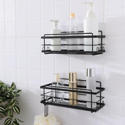 Iron Shower Caddies - Self Adhesive Bathroom Shelves for Showers - Wall Organizer Shampoo Holder Shelf - Peel and Stick on Caddy Bath Tub Rack - Pack of 2 Holders - Black