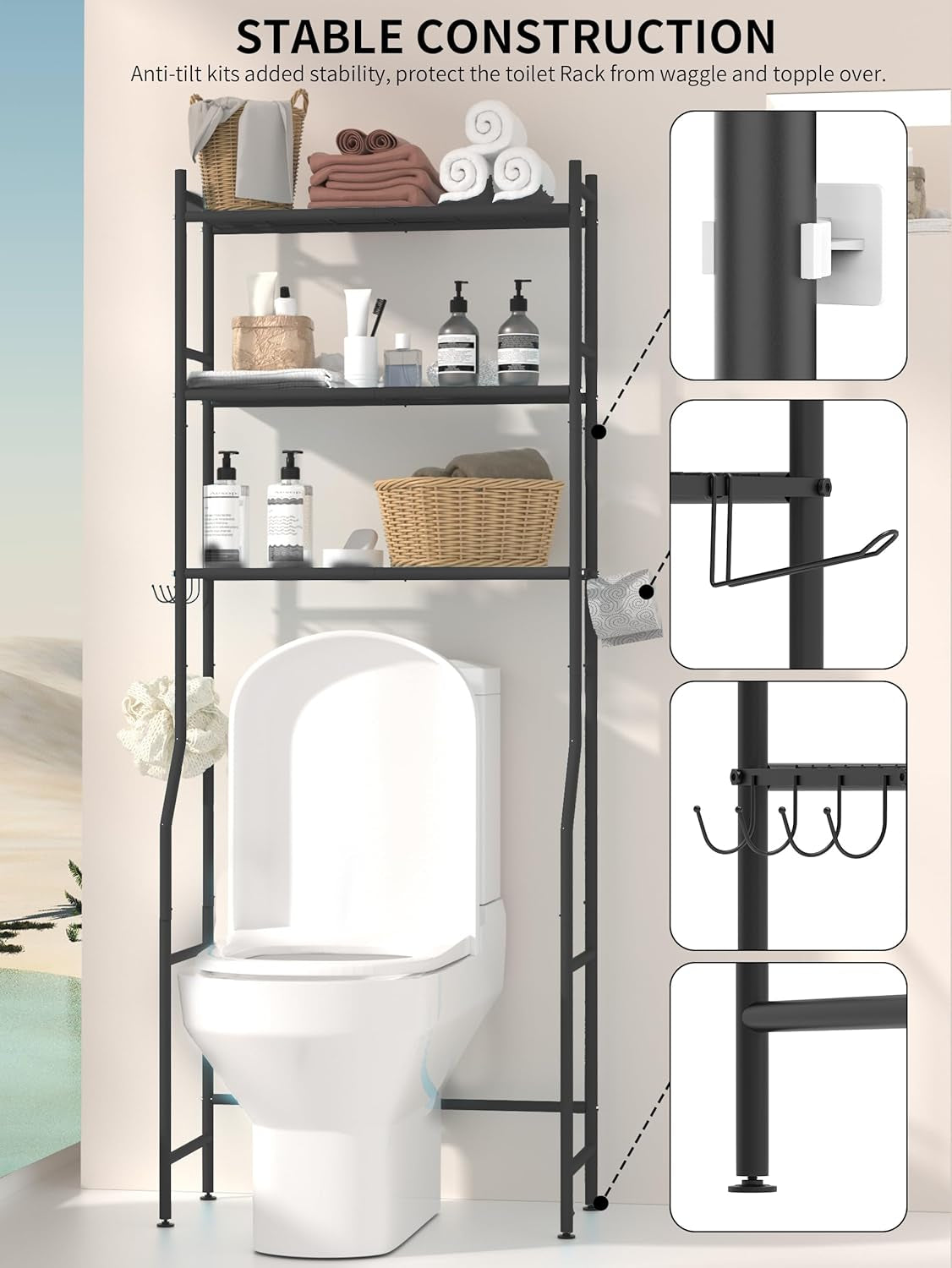 3-Tier over the Toilet Storage, Space Saver Metal Bathroom Shelves, Freestanding above over Toilet Storage Shelf with 4 Hooks for Bathroom, Black