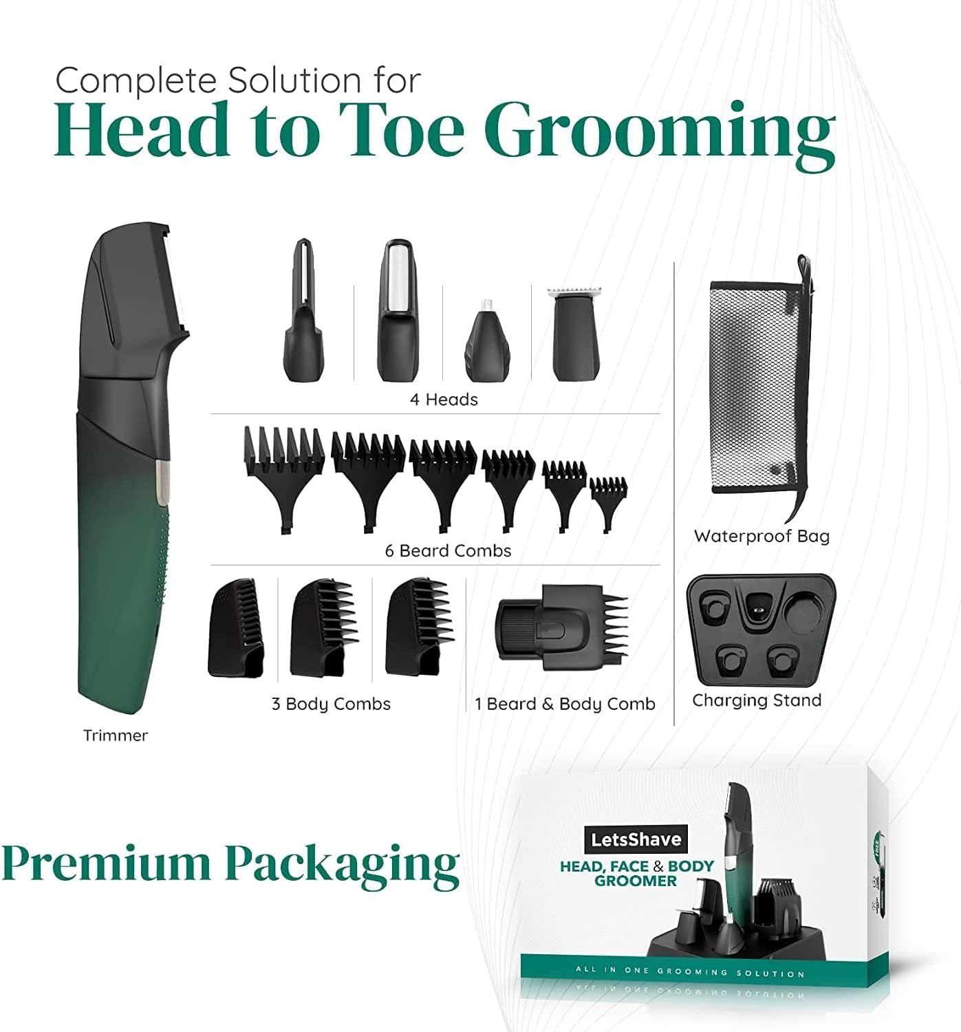 Face & Body Multi Grooming Trimmer for Men with Beard Trimmer, 20 Length Settings, 90 Mins Run Time Fast Charging Battery, Rounded Blades, Washer Bag, Charging Stand, Waterproof (Green)