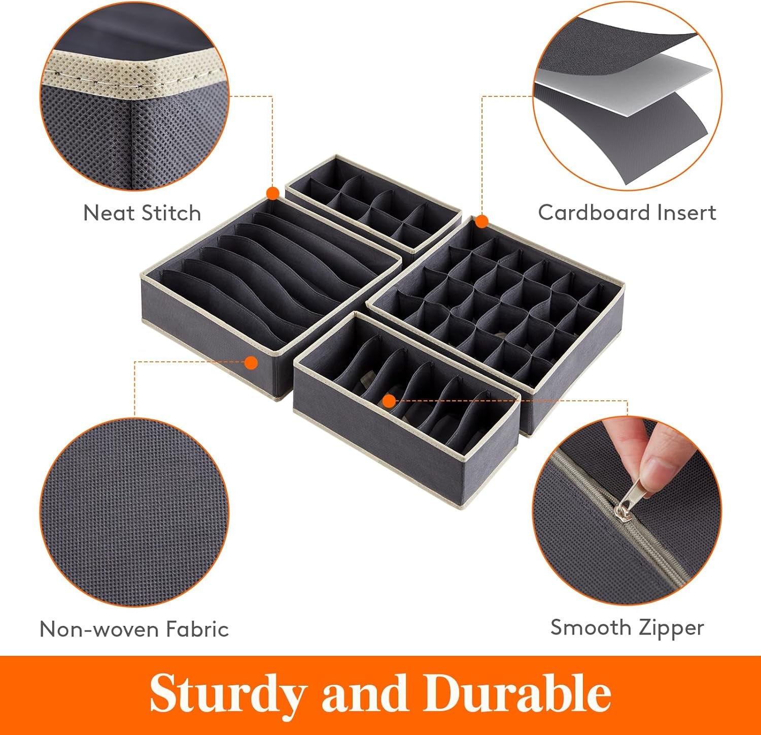 Closet Underwear Drawer Organizer Divider, 12 Pieces Fabric Foldable Dresser Organizers and Storage Bins for Storing Lingerie, Bra, Undies, Gray