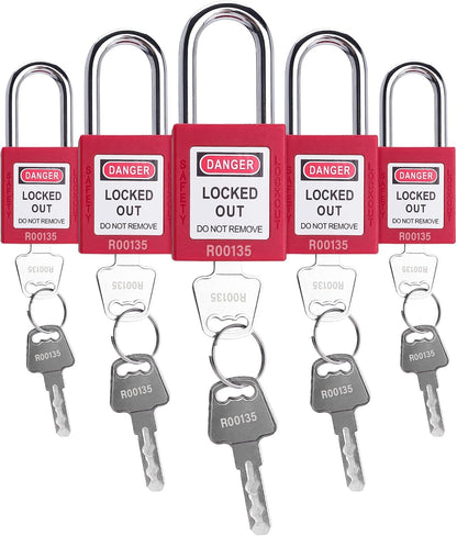 Lockout Tagout Locks, 5 Red Loto Locks Keyed Alike, Lock Out Tag Out Safety Padlocks, 2 Keys per Lock