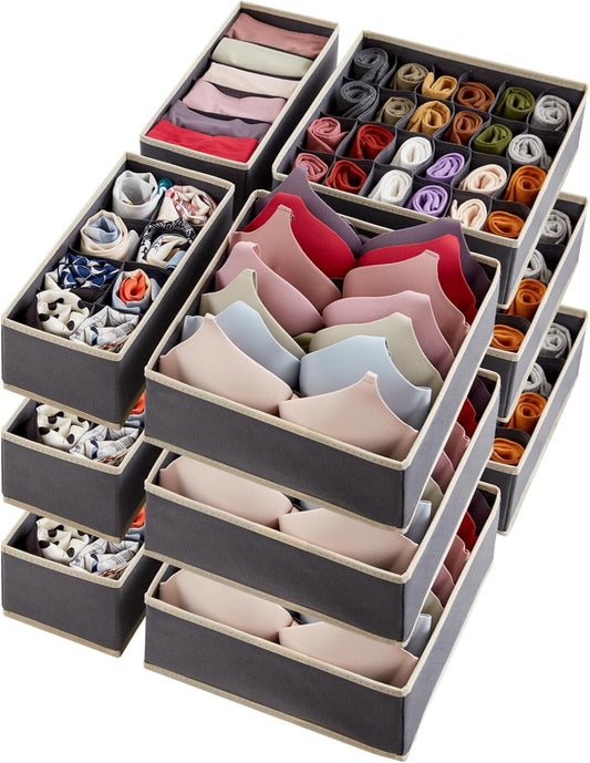 Closet Underwear Drawer Organizer Divider, 12 Pieces Fabric Foldable Dresser Organizers and Storage Bins for Storing Lingerie, Bra, Undies, Gray