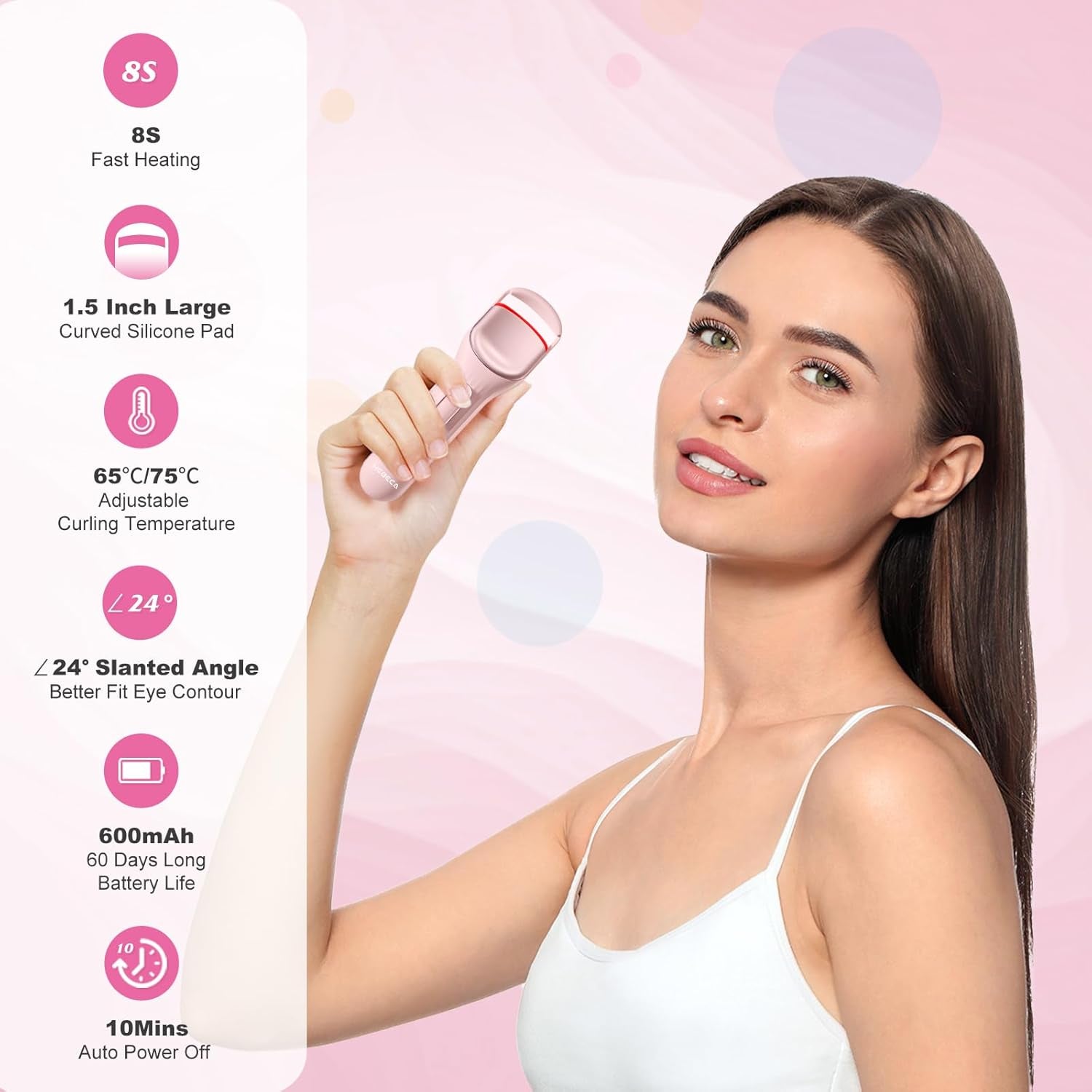 Heated Eyelash Curler Professional- Naturally Curling Eye Lashes with Innovative Heating Silicone, Electric Eyelashes Curler with 600Mah Rechargeable Battery EC4001 (Pink)