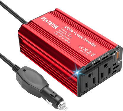 400W Power Inverter 12V DC to 110V AC Car Plug Adapter Outlet Converter with [65W PD USB-C] & [18W QC USB-A] Fast Charging Ports and 2 AC Outlets Car Power Inverters for Vehicles
