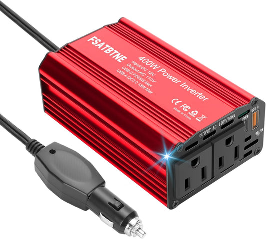 400W Power Inverter 12V DC to 110V AC Car Plug Adapter Outlet Converter with [65W PD USB-C] & [18W QC USB-A] Fast Charging Ports and 2 AC Outlets Car Power Inverters for Vehicles