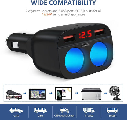 100°Adjustable Double Cigarette Lighter Adapter, 2-Socket Car Splitter 120W, 12V/24V Car Cigarette Lighter Splitte with LED Voltmeter & 2 USB Ports & Type C Port, Fast Car Charger Adapter 120W