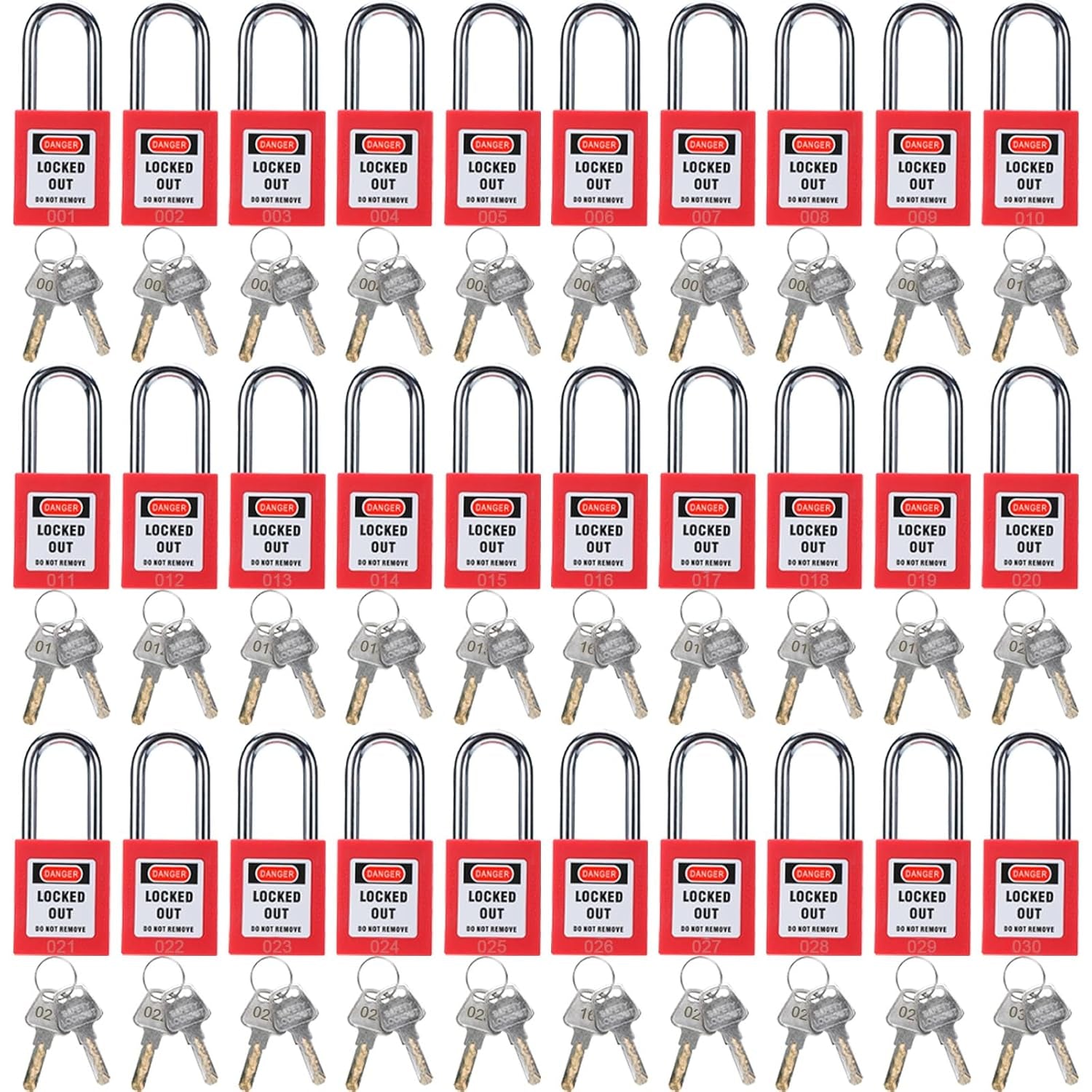 Lockout Tagout Safety Padlocks – Red Plastic Body, Stainless Steel Shackle, Keyed Alike, 2 Keys per Lock, Bulk 30/40 Packs, 2-Day Shipping Included