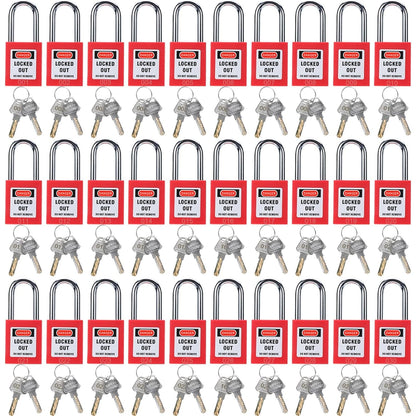 Lockout Tagout Safety Padlocks – Red Plastic Body, Stainless Steel Shackle, Keyed Alike, 2 Keys per Lock, Bulk 30/40 Packs, 2-Day Shipping Included