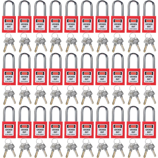 Lockout Tagout Safety Padlocks – Red Plastic Body, Stainless Steel Shackle, Keyed Alike, 2 Keys per Lock, Bulk 30/40 Packs, 2-Day Shipping Included